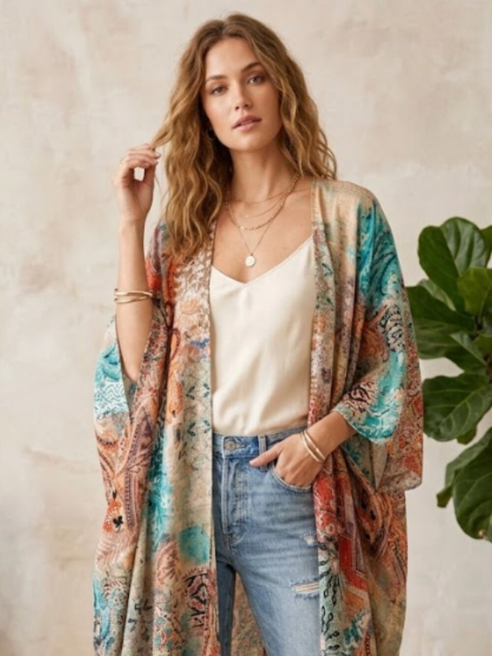 Tianello | Washable Silk Open Front Zen Robe Kimono Turquoise Rust | Size Large